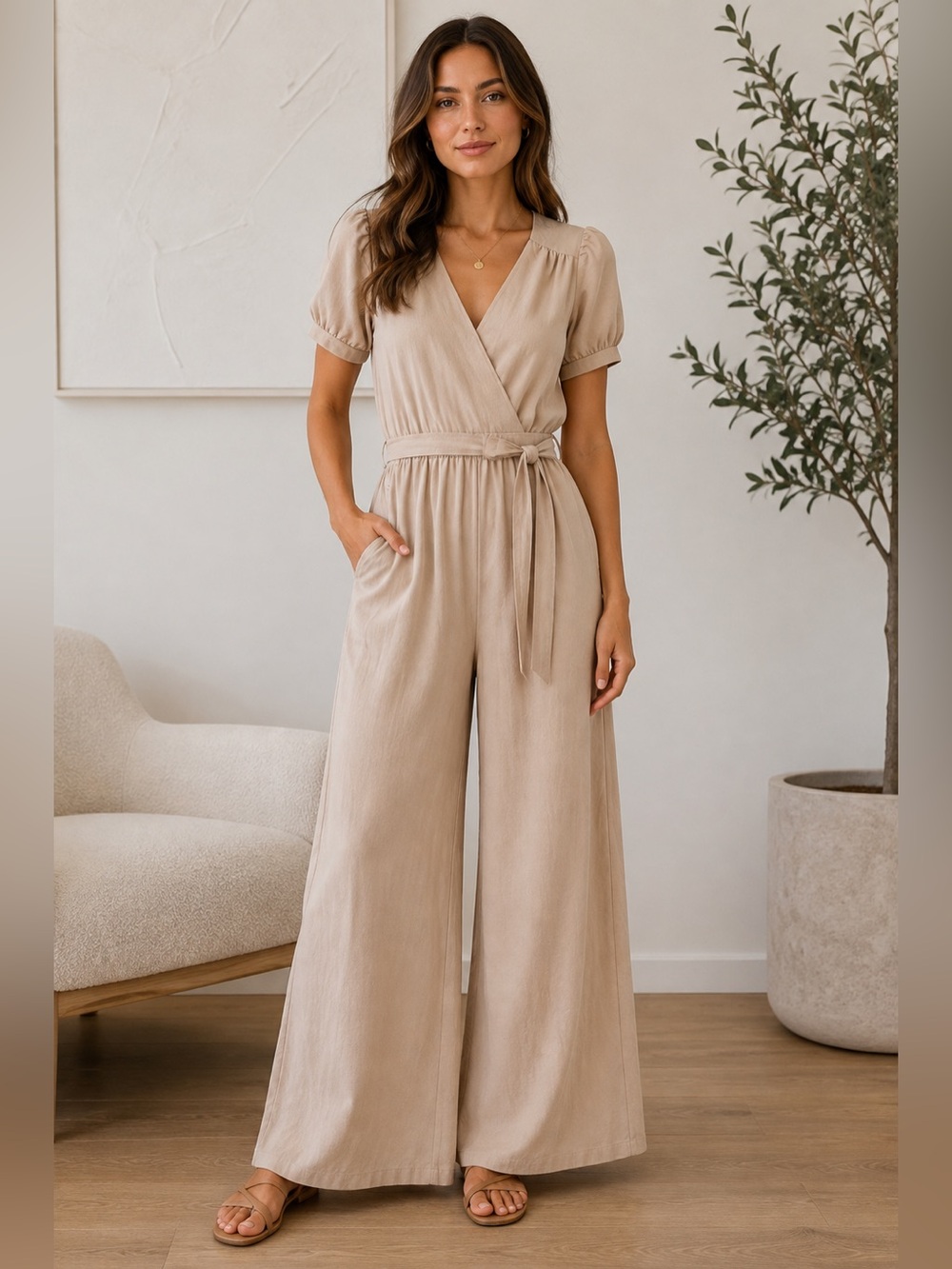 Monteau Beige Wrap Jumpsuit with Tie Waist